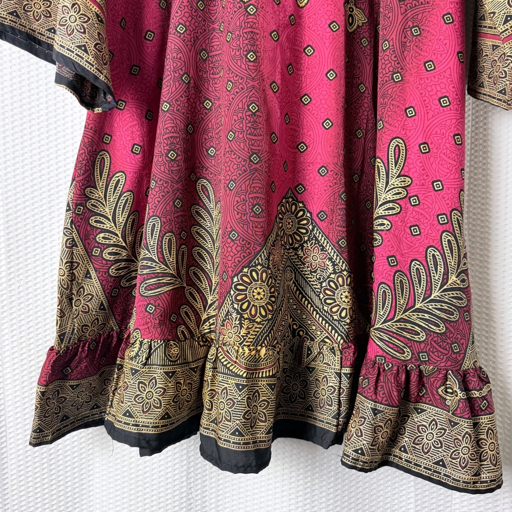 Lapogee Tunic Dress Women 2X Burgundy Gold Boho Mandala Ruffle Hem Bell Sleeve - Picture 6 of 10